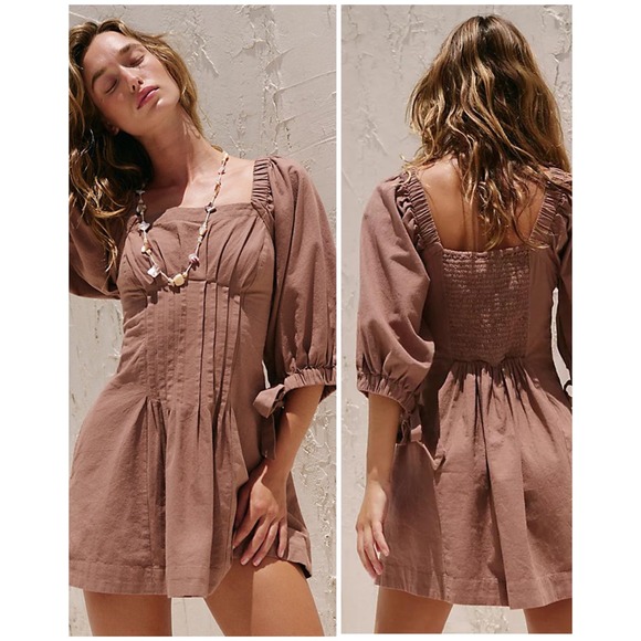 Free People Dresses & Skirts - Free People Cerise Mini Dress Women M Brown Boho Puff Sleeve Square Neck Cotton